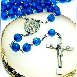 Catholic Blue Beaded Rosary With silver tone Virgin Mary centerpiece